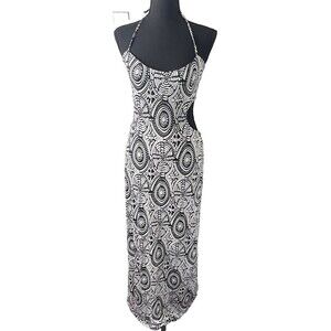 Wm's Jersey Sleeveless Halter Maxi Dress Y2K Black White Psychedelic Print Artsy